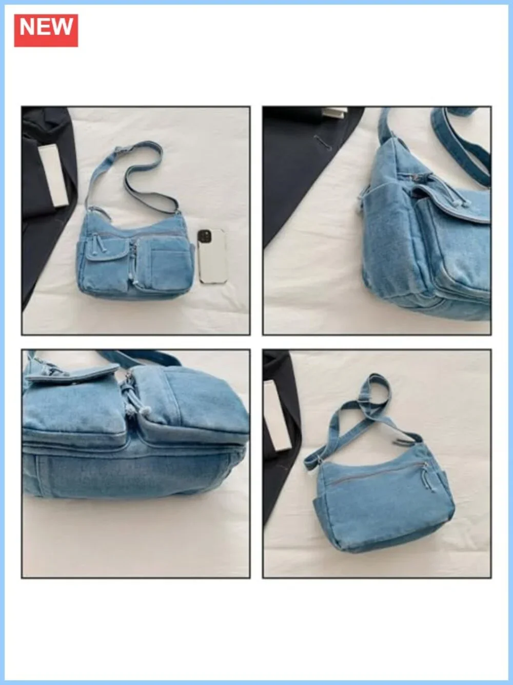 Y2K Grunge Distressed Denim Crossbody Bag Multi-Pocket Hobo Shoulder Purse